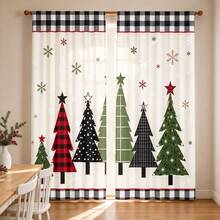 2Pcs Christmas Plaid Tree Curtains, Rod Pocket Design, 2D Flat Print Buffalo Plaid Christmas Tree Snowflake Pattern, Light Filtering Drapes, Xmas Holiday Window Decor For Living Room Bedroom - Multicolor - View 10