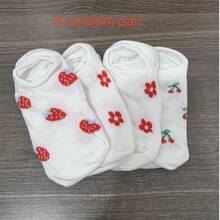 4/1 Pair/Set Women's Cherry, Strawberry And Floral Print White Thin Invisible Short Socks, Suitable For Daily Wear - Multicolor - View 6