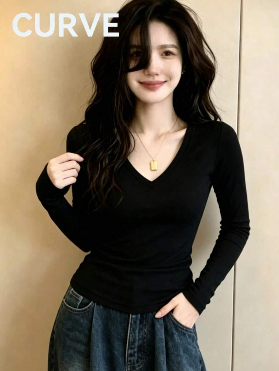 Plus Size Women's Black V-Neck Fitted Long Sleeve Base Layer Top, Minimalist Elegant All-Match Style, Versatile Practical Commute Casual Daily Wear - Black - View 1
