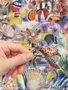 50 st akvarellklistermärken i PET med havsdjur, tropiska fiskar, maneter, havssköldpadda, snäckskal och sjöstjärna, transparenta klistermärken för junk journal, scrapbooking, dagbok, planerare, DIY-pyssel och dekoration - En-Storlek - Visa 4
