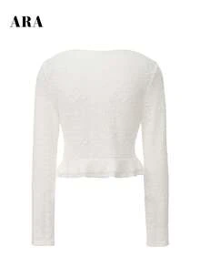 ARA CHIC Romantic Coquette Tie Front Cropped Top, Textured Fabric Double Ruffle Trim V Neck Flared Long Sleeve Irregular Hem Feminine Blouse For Date - White - View 11