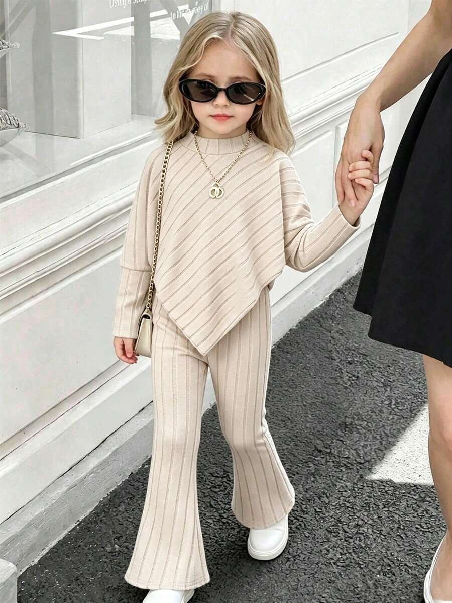Young Girls Ribbed Knit Long Sleeve Top And Flare Pants Set, Suitable For Daily And Outdoor Wear In Spring And Autumn - Beige - View 1