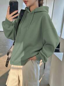 Women's Casual Green Fleece Hoodie, Leopard Print "Amore" Graphic, Drop Shoulder Long Sleeve Pullover, Ribbed Details, Fashionable And Warm - Bean Green - View 5