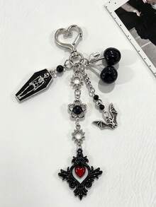 1pc Dark Sweet Cool Personalized Coffin Bat Heart Keychain Cherry Bag Charm Accessory Key Ring - Multicolor - View 5
