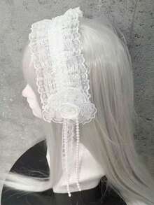 1pc White Lace Hair Clip Headband With Pink Bow Ribbon, Lolita Side Clip, Women Fashion Cosplay Hair Accessory, Halloween - Beige - View 3