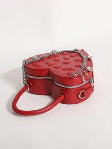 Red Small Heart Embossed Heart-Shaped Handbag, Y2K Hot Girl Style Silver Chain Tassel Decor Heart Bag, PU Crossbody Bag Suitable For Party, Night Out, Date - Red - View 8
