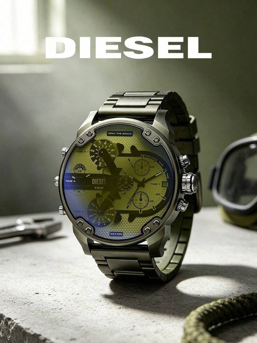 DIESEL DZ7485 Men's Oversized Multi-Time Zone Chronograph Watch, Military Green Steel Band, Multi-Dial, Industrial Casual Men's Watch - Green - View 1