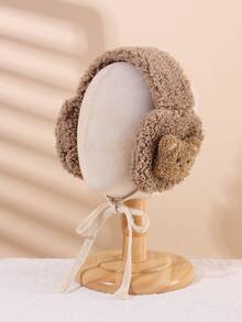 1pc Toddler Plush Bear Ear Muffs, Comfortable Fleece Adjustable Drawstring Children Ear Warmers, Sweet Neutral Color Baby Outdoor Casual Ear Accessories - 1PC - View 6