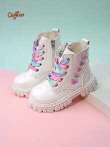 Girls' Thick Sole Non-Slip Wear-Resistant High-Top Boots With Side Zipper For Easy On/Off, Colorful Gradient Shoelaces, Heart Embroidery Pattern, Shiny PU Material, Sweet And Energetic Style, Suitable For Spring/Autumn Daily Outings And Campus Wear - White - View 6