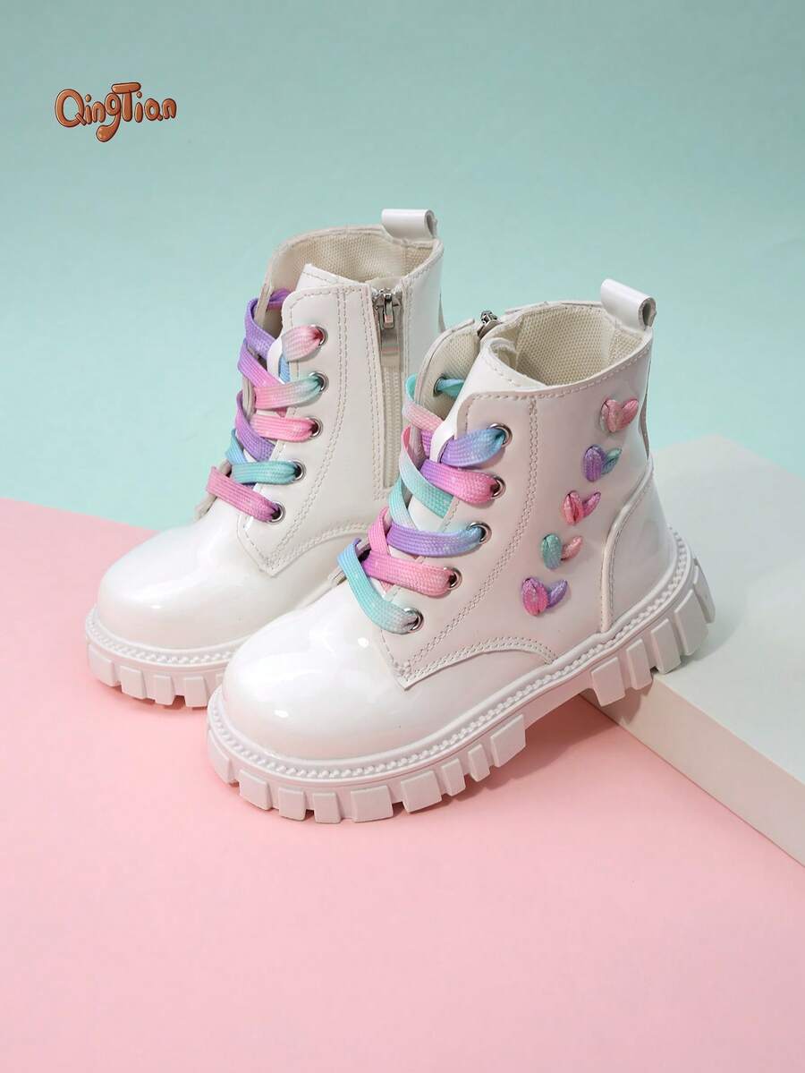 Girls' Thick Sole Non-Slip Wear-Resistant High-Top Boots With Side Zipper For Easy On/Off, Colorful Gradient Shoelaces, Heart Embroidery Pattern, Shiny PU Material, Sweet And Energetic Style, Suitable For Spring/Autumn Daily Outings And Campus Wear - White - View 1