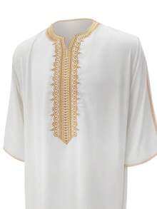 Men's Ramadan Embroidered Long Robe, Moroccan Thobe, Solid Color Thawb, Men's Pullover Gandoura, Traditional Arabic Men's Gandoura Thobe Robe - White - View 5