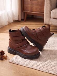 1 Pair Girls' Brown Double Hook & Loop Ankle Boots, Simple Retro Thick Sole Kids' Work Boots, Versatile Boots For Little Girls' School And Daily Outings In Autumn/Winter - Coffee Brown - View 4
