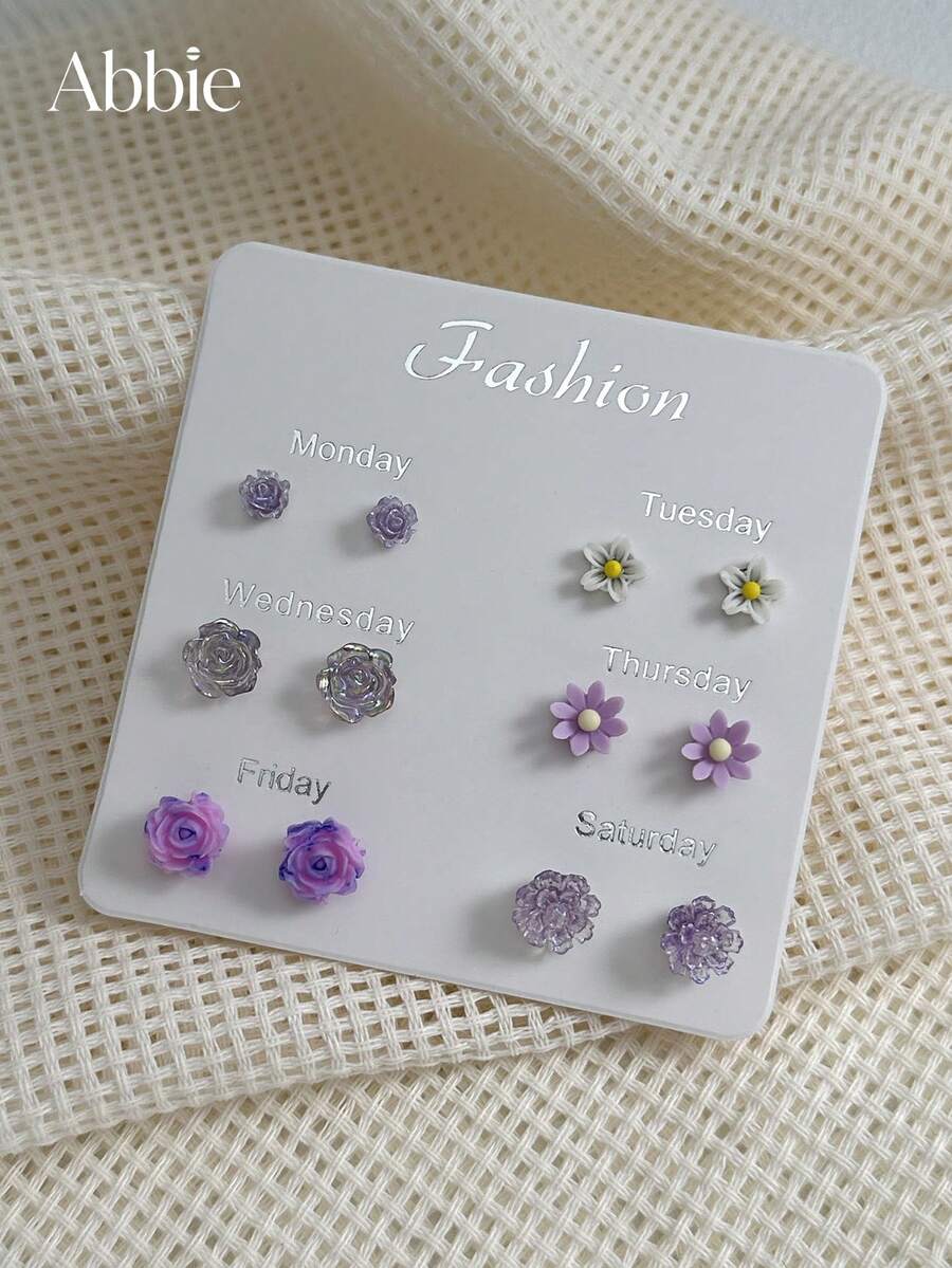 6 Pairs Assorted Elegant Fashion Floral Stud Earrings Set For Women, Suitable For Daily Wear, Casual And Date, Jewelry Gift - Multicolor - View 1