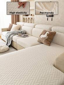1pc Solid Color Fleece Material Elastic Sofa Cover, Pet-Friendly Scratch-Resistant All-Season Use, Machine Washable Non-Fading, Suitable For 2-4 Seater L-Shaped Sofa Backrest Cover - Beige - View 1