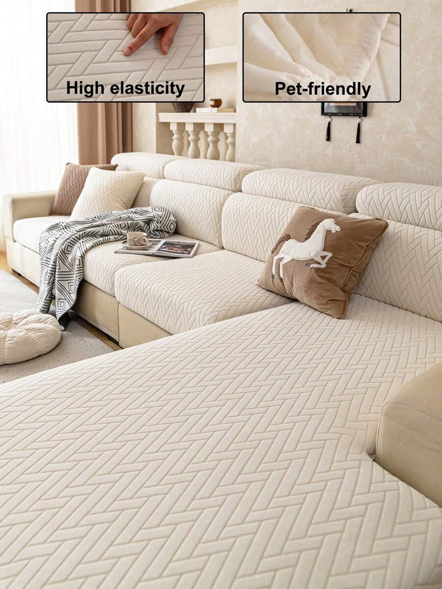 1pc Solid Color Fleece Material Elastic Sofa Cover, Pet-Friendly Scratch-Resistant All-Season Use, Machine Washable Non-Fading, Suitable For 2-4 Seater L-Shaped Sofa Backrest Cover - Beige - View 1