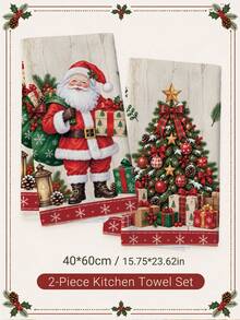 2PCS Kitchen Towel, Christmas Santa Claus & Christmas Tree Pattern Kitchen Towel Dish Cloth, American Vintage Style 40*60cm Rectangular Soft Microfiber Cleaning Kitchen Towel, Perfect For Kitchen, Dining Room And Bathroom Use, Kitchen Decor, Home Decor, Neighbor Housewarming Gift, Dish Cloth - Multicolor - View 9