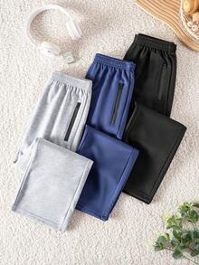 Tween Boy Casual Minimalist Versatile 3-Piece Set Contrast Color Zipper Pocket Solid Color Long Pants Suitable For Vacation Travel Sports - Multicolor - View 3