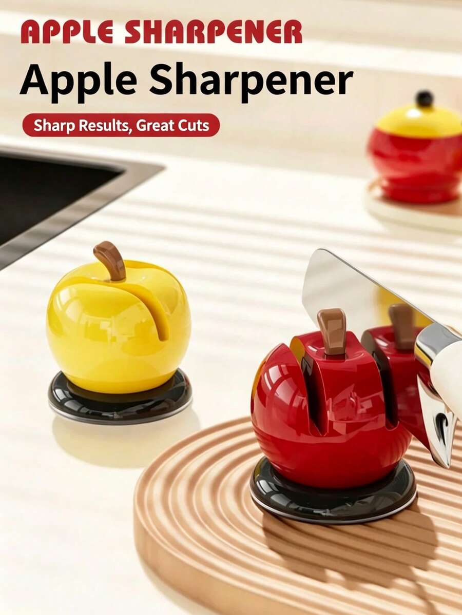 Apple-Shaped Suction Cup Knife Sharpener, Mini Dual-Slot Manual Sharpener For Kitchen Knives And Scissors, Compact Fast Home Use