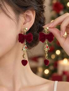 European And American Christmas Red Bow Earrings, Christmas Tree, Heart Earrings, Perfect For Christmas, Valentine's Day, Dates, Parties And Other Occasions - Red - View 1