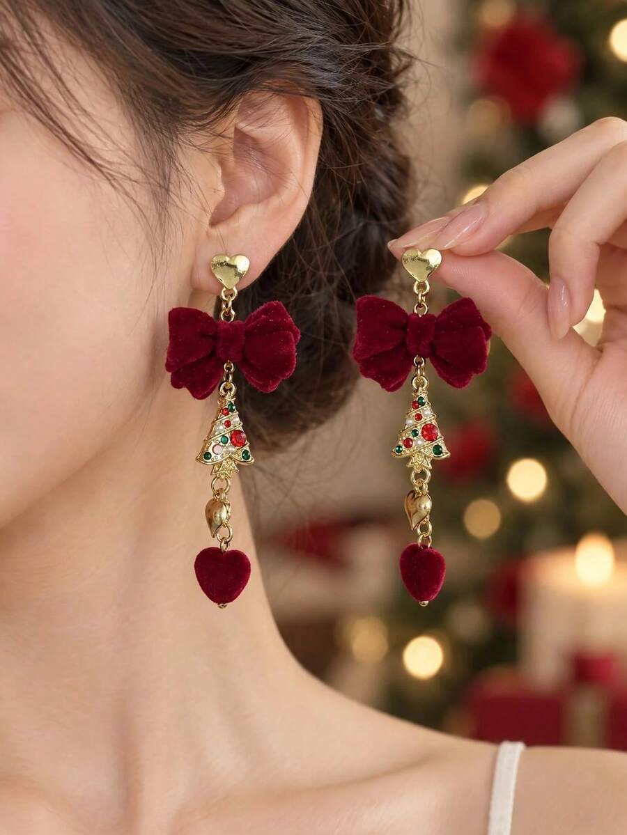 European And American Christmas Red Bow Earrings, Christmas Tree, Heart Earrings, Perfect For Christmas, Valentine's Day, Dates, Parties And Other Occasions - Red - View 1