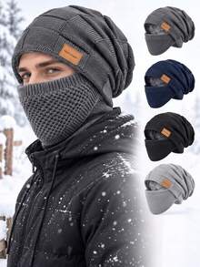 Unisex Winter Fleece-Lined Cold-Weather Mask & Hat Set – Features An Elastic Drawstring Closure; Lightweight And Warm; Suitable For Cycling, Skiing, And Outdoor Sports. Solid-Color Pullover Hat And Mask Combo With Windproof Ear Protection. - Multicolor - View 1