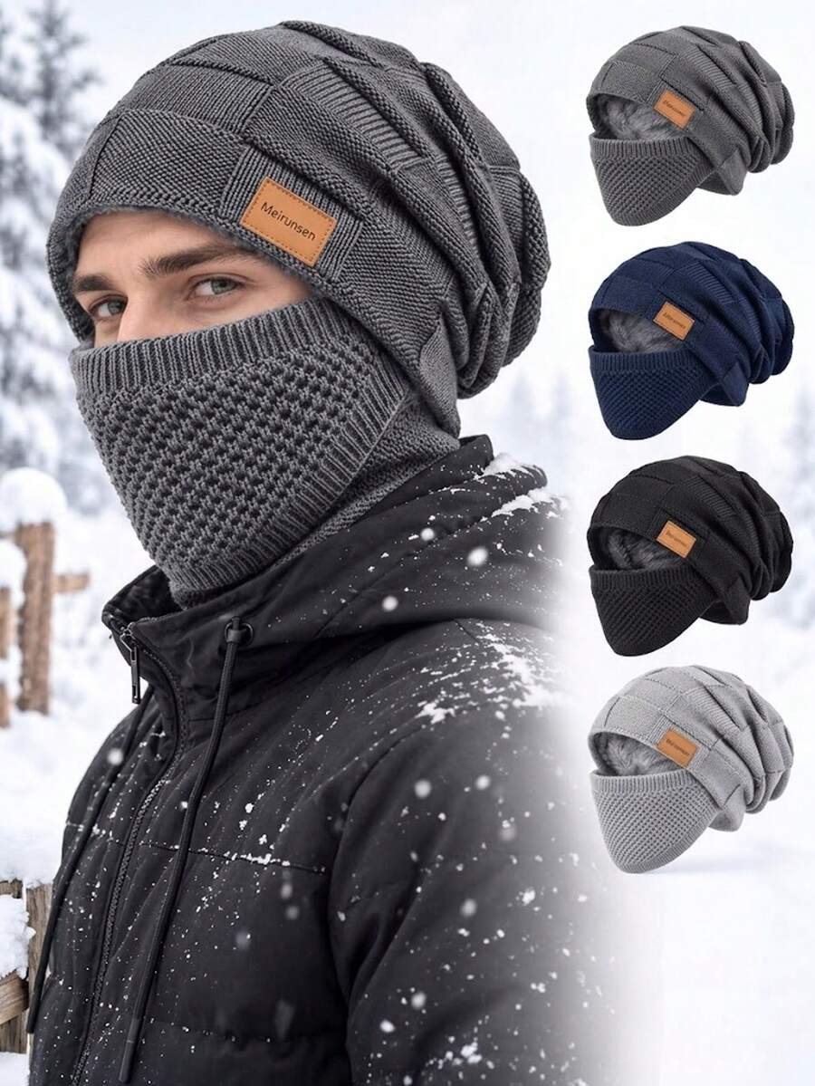 Unisex Winter Fleece-Lined Cold-Weather Mask & Hat Set – Features An Elastic Drawstring Closure; Lightweight And Warm; Suitable For Cycling, Skiing, And Outdoor Sports. Solid-Color Pullover Hat And Mask Combo With Windproof Ear Protection. - Multicolor - View 1