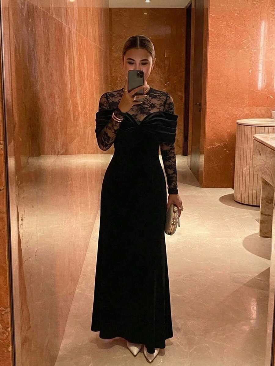 Livesso 秋季圓領長袖蕾絲拼接天鵝絨修身收腰黑色優雅女士中長洋裝 - 黑色 - 查看 1