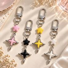 1pc/4pcs Unisex Oil-Drip Silver-Rimmed Colorful Four-Pointed Star Pendant, 3D Perforated Star Keychain Accessory, Couple Bag Charm, Luggage Accessory - Multicolor - View 1