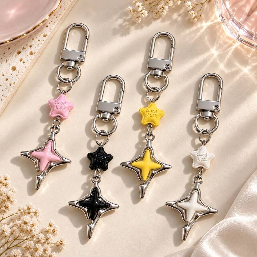 1pc/4pcs Unisex Oil-Drip Silver-Rimmed Colorful Four-Pointed Star Pendant, 3D Perforated Star Keychain Accessory, Couple Bag Charm, Luggage Accessory - Multicolor - View 1