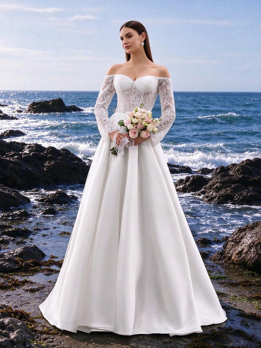 Off-Shoulder White Lace Long Sleeve A-Line Wedding Dress, Elegant Bridal Gown