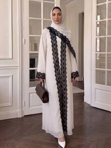 2pcs Set Including Headscarf Elegant Fashion Modest Abaya Polka Dot Lace Trim Cardigan Long Robe Suitable For Ramadan Holiday Gathering Party Daily Home Wear - White - View 3