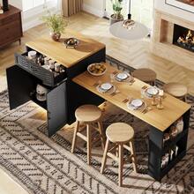 Extendable Kitchen Island With Dining Table, Multifunctional Storage Cabinet With Drawers,, Wine Rack, Kitchen & Dining Room - Black + MDF - View 2