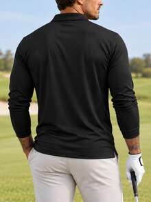Men's Autumn Long Sleeve Polo Shirt With Chest Pocket, Solid Color Collar Button-Up Top, Suitable For Outdoor Golf And Daily Wear - Black - View 3