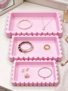 3pcs Pink Wavy Edge Jewelry Storage Tray Set, Nestable Stackable Design, Vanity Organizer, Can Hold Necklaces, Rings, Earrings, Watches, Bracelets, Hair Clips, Hair Accessories, Perfume, Cosmetics, Highly Attractive Ins Style, Desktop Decor, Jewelry Display Tray, Bedroom Vanity Small Item Organizer - Pink - View 2