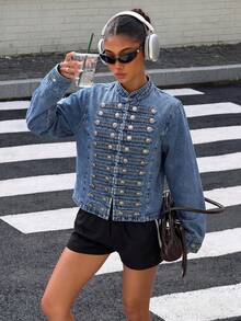 Women's Casual Vintage Mid-Blue Washed Multi-Pocket Button-Up Denim Jacket - Medium Wash - View 5