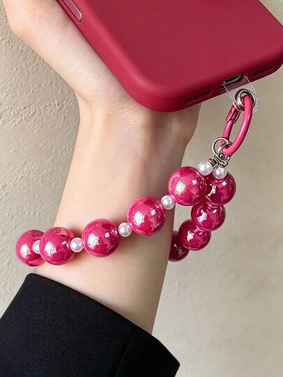 Chic Fuchsia Large Pearl Beaded Phone Wrist Strap, Bold Round Pearl Phone Charm, Elegant Aesthetic Phone Lanyard, Anti-Lost Phone Wristlet, Handmade Phone Accessory For Girls & Women
