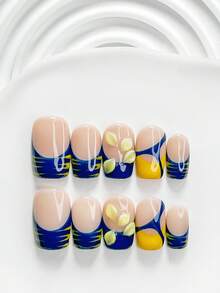 秋季 10 片酷感手工穿戴甲 Polygel 美甲套組 花瓣款 藍黃配色 俐落風格 含美甲工具 3 種尺寸可選 方形 短方形 杏仁形 適合派對、跳舞、日常配戴（手工細節可能有所不同） - 彩色 - 查看 4