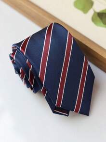 1pc High-Density Woven 7cm Navy Blue & Burgundy Diagonal Stripe Business Tie, Unisex - Navy Blue and Burgundy Stripes - View 4