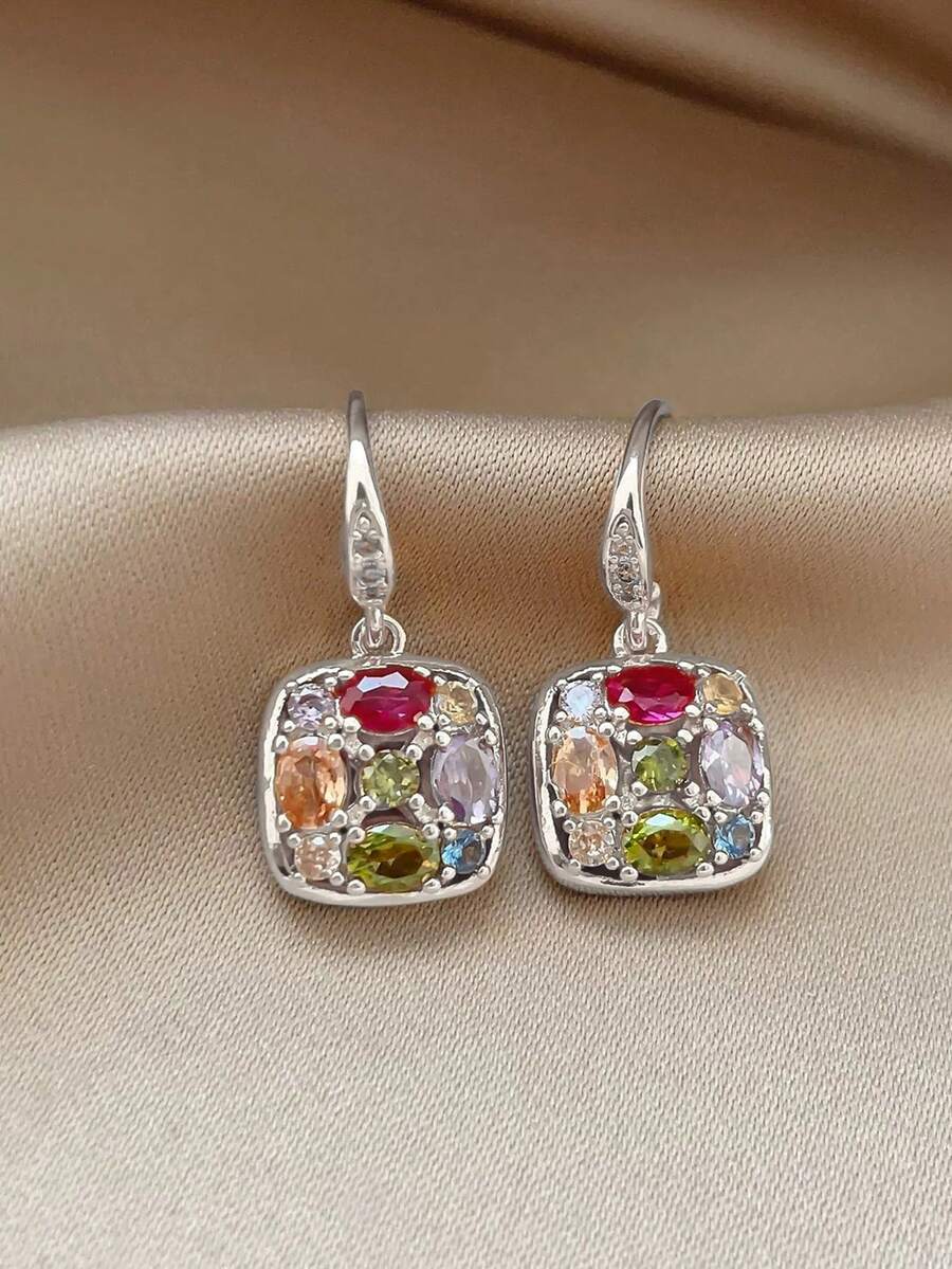 1 Pair Fashionable Minimalist Colorful Cubic Zirconia Geometric Copper Alloy Earrings Suitable For Daily Wear, Parties And Gatherings - Silver - View 1