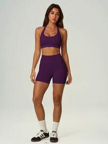 UONNOU 2Pcs Halter Sports Bra & High Waist Butt Lifting Biker Shorts, Women Stretch Yoga Workout Matching Set - Purple - View 10