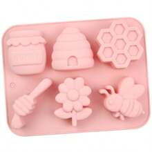 1pc 6-Cavity Bee & Flower Silicone Mold, Theme Silicone Soap Mold, Bee Honeycomb Flower Candle Mold, Suitable For DIY Crafts, Wedding Decor, Polymer Clay, Candles, Plaster - Pink - View 4
