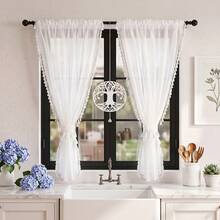 FLYINGCURTAINS ألواح ستائر شفافة بيضاء بطراز ريفي مع حافة شرابات، ستائر نافذة بجيوب عصاية مرشحة للضوء مع أربطة مطابقة، لديكور النوافذ الصغيرة في المطبخ وغرفة المعيشة - أبيض - مشاهدة 6