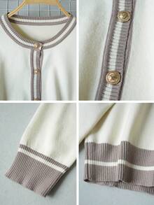 Women Knit Cardigan, Fall Winter Contrast Striped Round Neck Long Sleeve Y2K Sweet Pure Desire Textured Top For Beach Party Vacation - Apricot - View 8