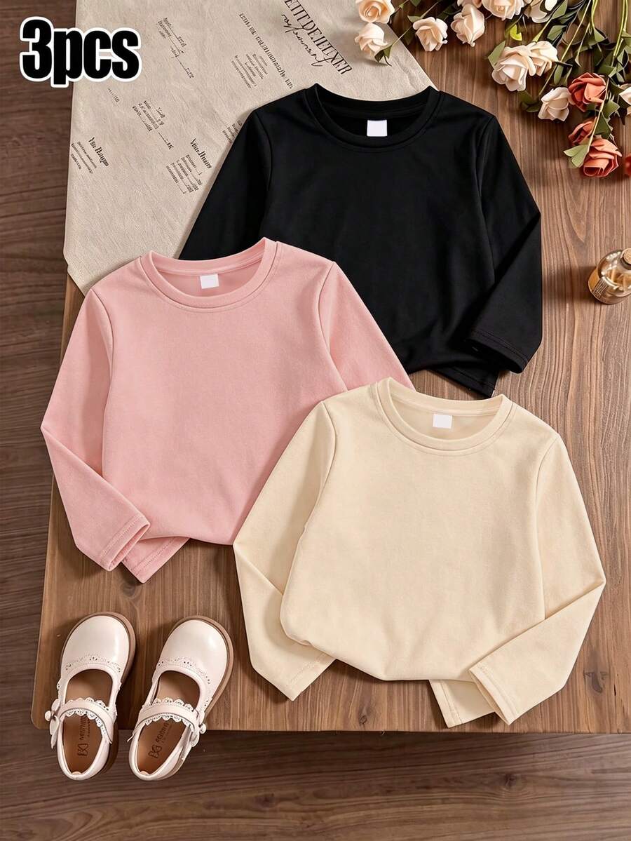 3pcs Set Simple Toddler Girls Long Sleeve T-Shirts, Solid Color Crew Neck Basic T-Shirt Set, Spring/Autumn - Multicolor - View 1