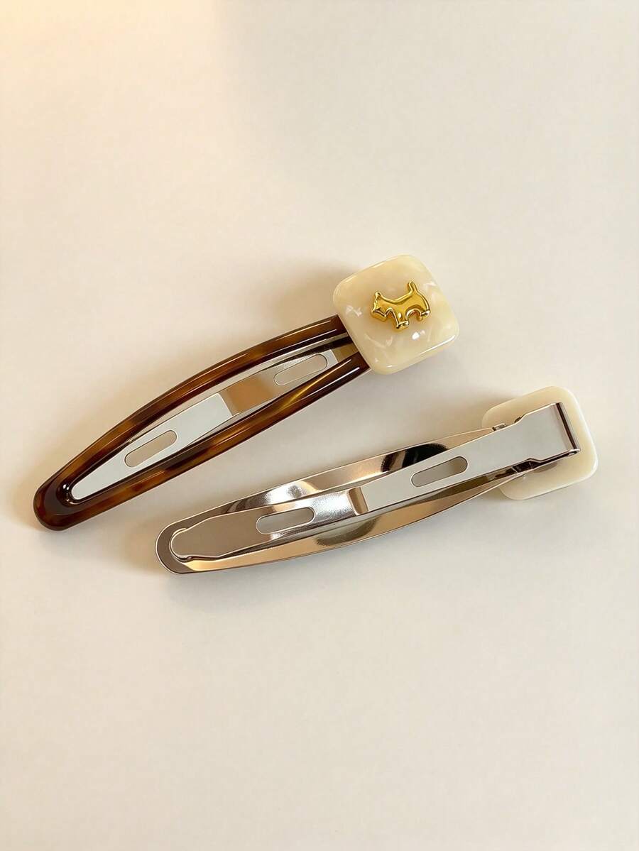 2pcs Vintage Tortoise Shell Puppy Metal Hair Clips, French Delicate Cream White Square Puppy BB Clips, Side Bangs Clips For Girls, Daily Versatile Atmosphere Hair Accessories - Multicolor - View 1