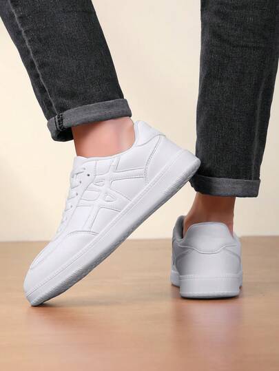 Men's Sports Shoes, Vintage German Training Shoes Women's Shoes, Pure White Low-Top Men's Casual Sneakers, Letter & Hash Pattern Leather Low-Top Lightweight Flat Bottom Sports Shoes, Classic Shoes, Versatile White Sneakers, Daily Commute Lace-Up Non-Slip Casual Shoes, Unisex Couple Shoes Size 36-46