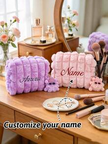Customizable Name Large Capacity Plush Makeup Bag, Durable Zipper Closure With Letter Embroidery Bridesmaid Makeup Bag, Large Capacity Fashionable Portable Travel Toiletry Bag, Skincare Storage Bag, Wedding Gift - Multicolor - View 4