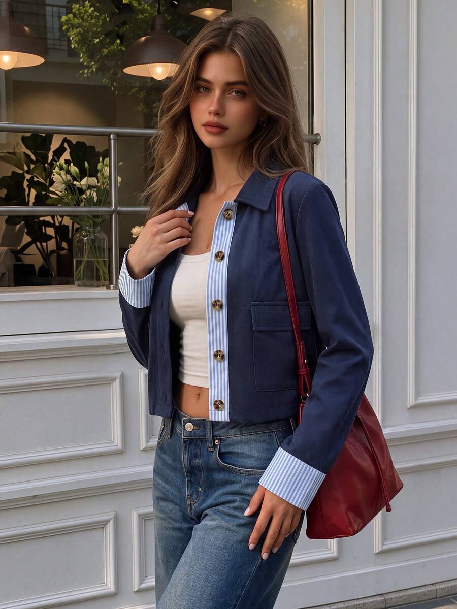 Women Fall Elegant Navy Blue Cropped Jacket, Collared Button Front Contrast Striped Cuff Placket Pocket Outerwear, Office Daily Holiday Festival Coat - Navy Blue - View 1