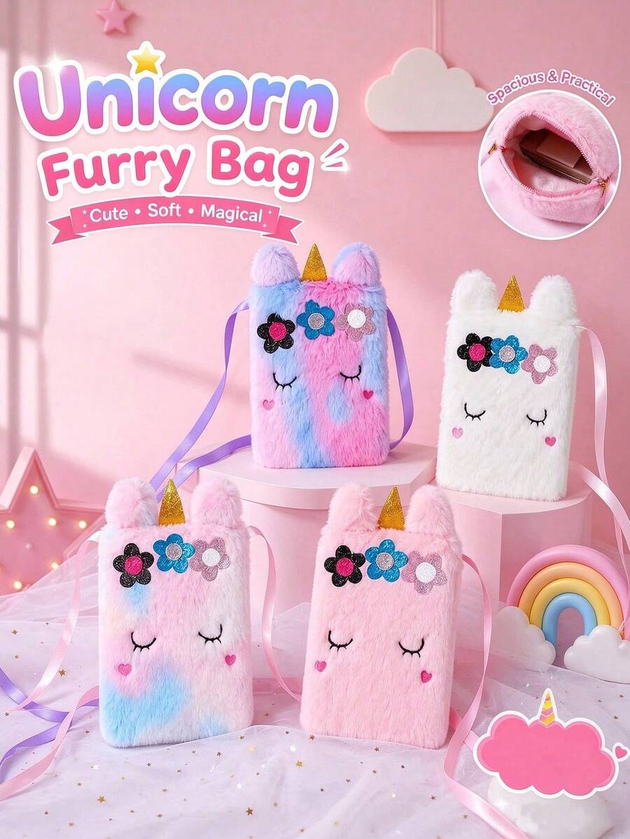 1pc Cute Unicorn Plush Crossbody Bag – Cartoon Shoulder Bag / Student Coin Purse ( Style) - Multicolor - View 1
