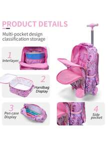 3PCS Kids Wheeled Travel Bag, Double-Sided Pink Red Cartoon Cat Sequins Design Bookbag For Students, With Handbag And Pen Bag, Nighttime Reflective. - Pink - View 10